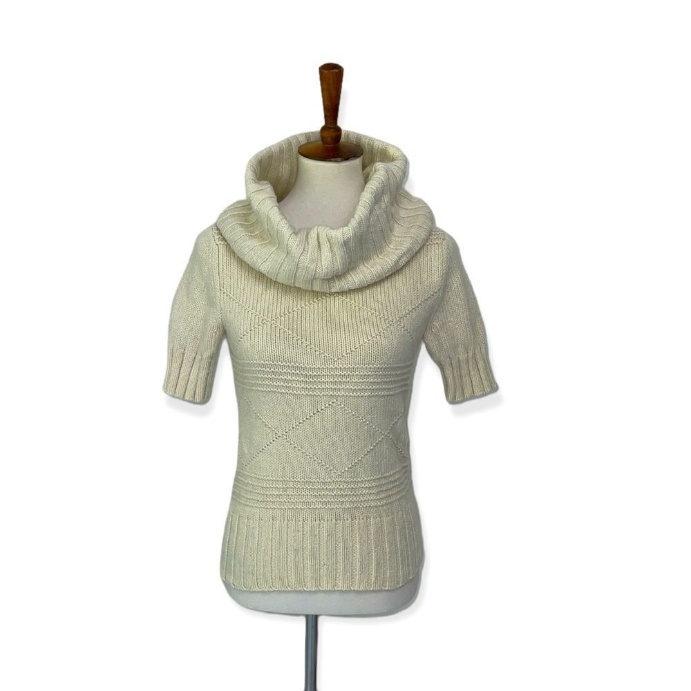 American Eagle Outfitters AEO short sleeved beige knit turtleneck cowl sweater